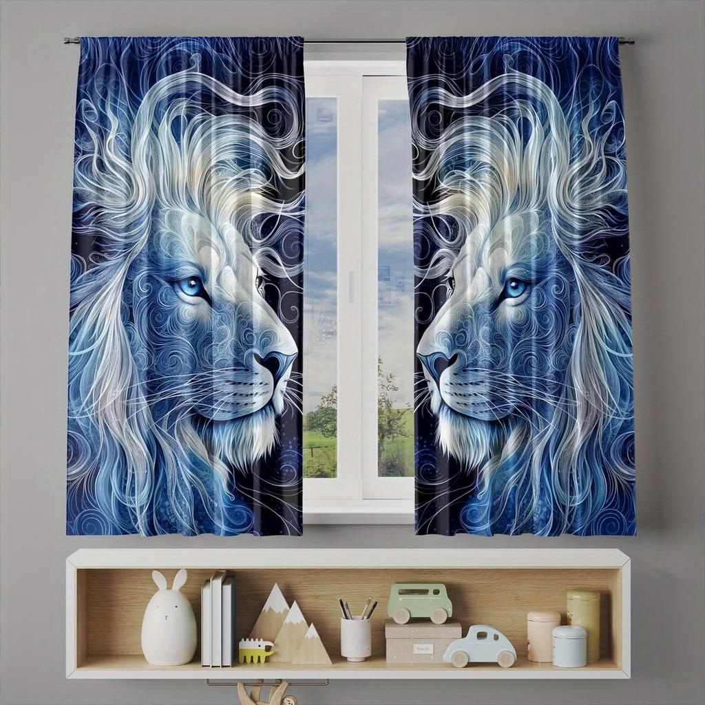 2pc Lion Print Pattern Curtains   Polyester Fabric   Machine Washable   Suitable for Bedroom   Living Room   Living Room Curtains