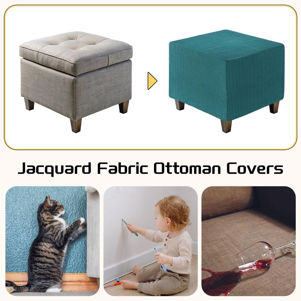 uxcell Square Jacquard Ottoman Slipcover with Elastic Stretch Footrest Stool Cover for Living Room Furniture Protector Small Bottom, (Cyan, Size)