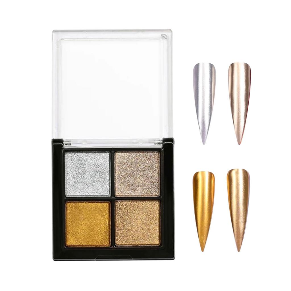 Mirror Powder 4 Color Palette Nail Powder Solid Mirror Nail Powder Gold Silver Aurora Powder Gel Nail Powder Resin Nail Studio Nail Parts with Sponge