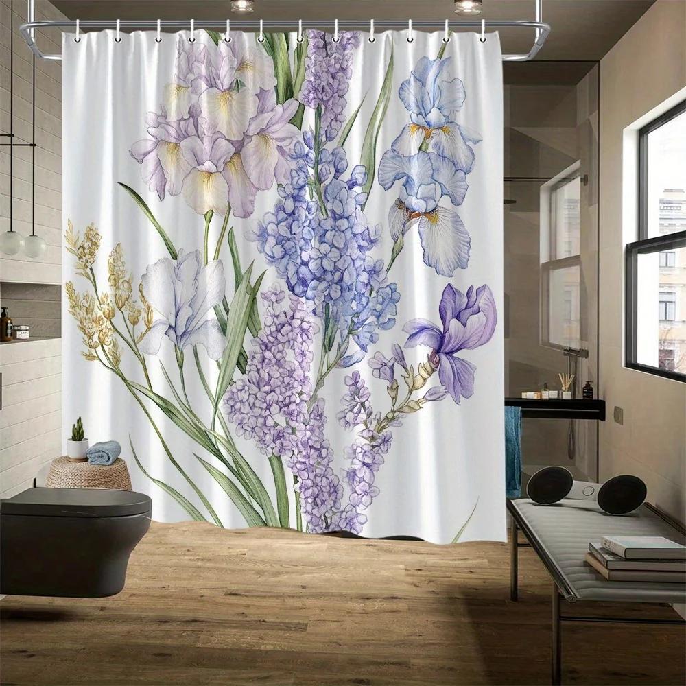 Monika Chen Lavender/Blue Iris & Forget-Me-Not Shower Curtain - Pale Irises, Forget-Me-Nots, White Lilies, Anti-Fade Polyester