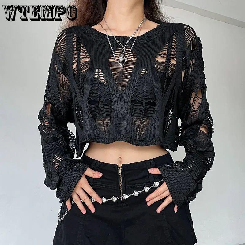 WTEMPO Hollow Out Pullovers Women Black Spring Autumn Sweater Casual Loose Korean Solid Knitwear Streetwear