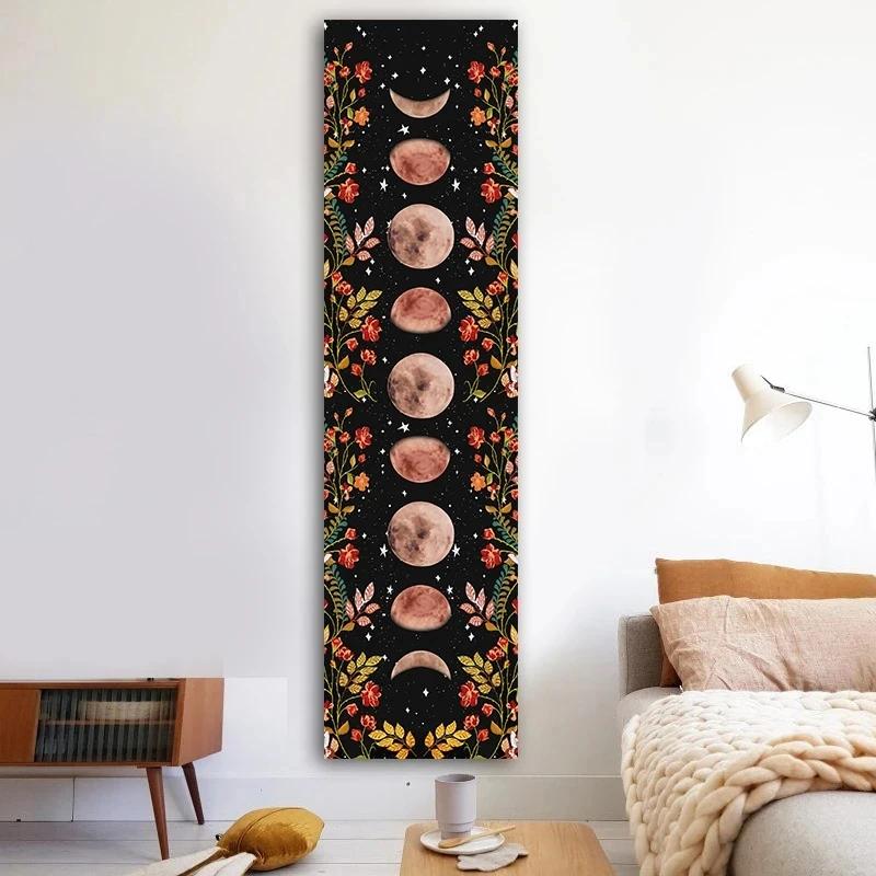 1pc Moon Phase Botanical Flower Tapestry, Black Star Psychedelic Wall Art Decoration Wall Hanging Tapestry