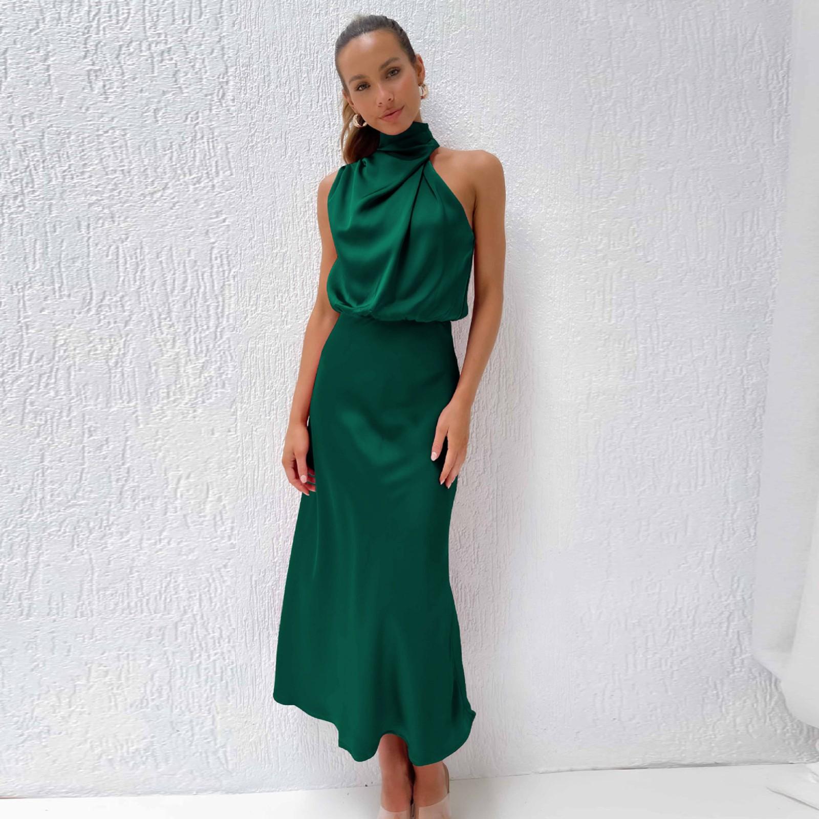 

Жіночі коктейльні сукні без рукавів з макетним вирізом і замковою щілиною, еластична талія, вечірка на весіллі для гостей, атласна середня сукня з високим розрізом XL зелений