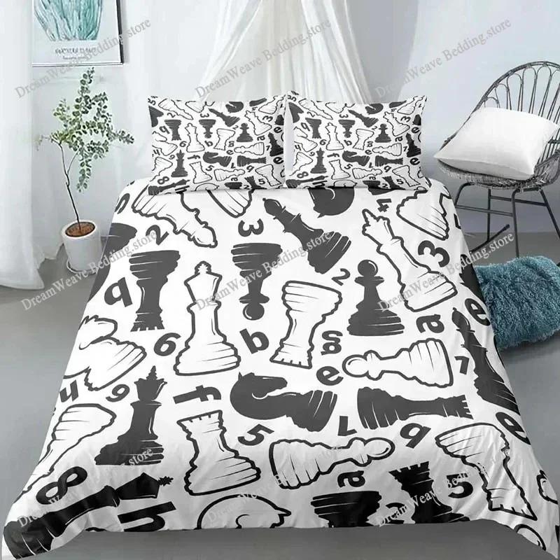 Chess Board Duvet Cover Set 3D Print International Chess Black White Comforter Cover for Boys Girls Polyester Bedding Set