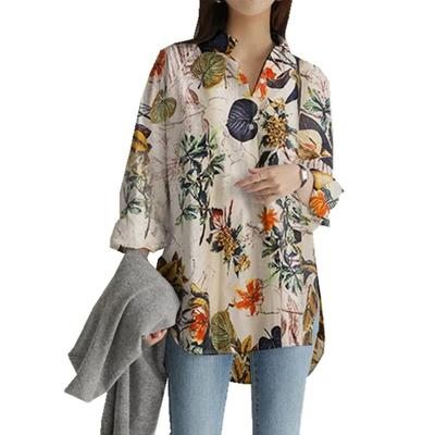 Floral Print Tunic Tops Cotton 3/4 Sleeve Woman Loose Blouses Casual Summer Half-Button Vintage Shirts