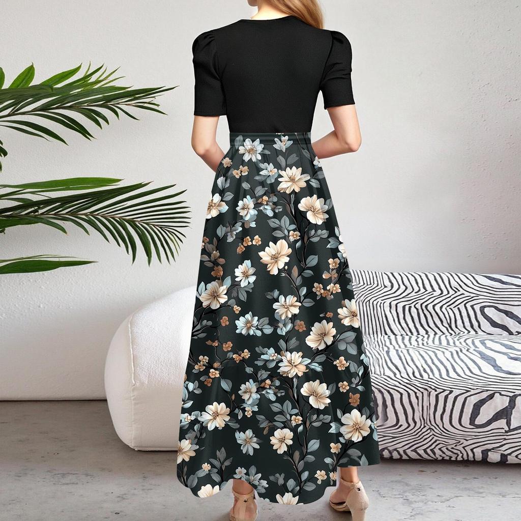 Women's Fashion Casual Belt Short Sleeve Round Neck Print Stitching Elegant Temperament Dress