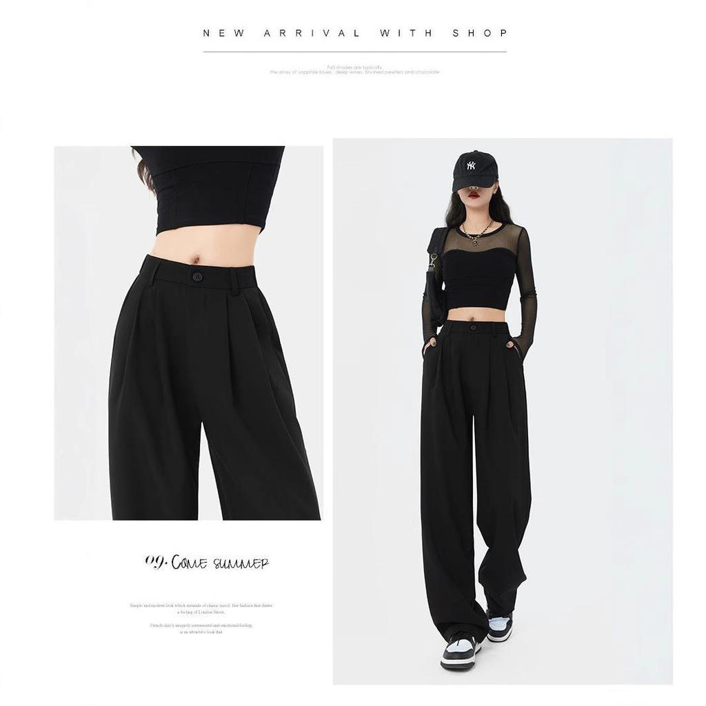 Women's High-Waisted Wide-Leg Black Pants for Spring/Autumn 2025 – Loose, Straight, Casual Suit Pants