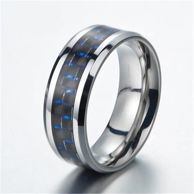 1pcs Men Black Titanium Wedding Band Ring With Black And Blue Carbon Fiber Inlay