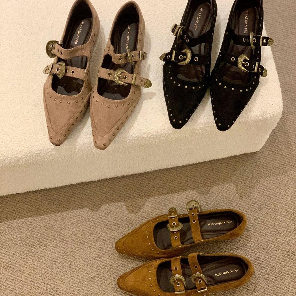European and American Retro Pointed Flat Bottom Inner Height Increase Soft Leather Mary Jane Shoes Women's Brown Rivets One Word with Shallow Mouth
