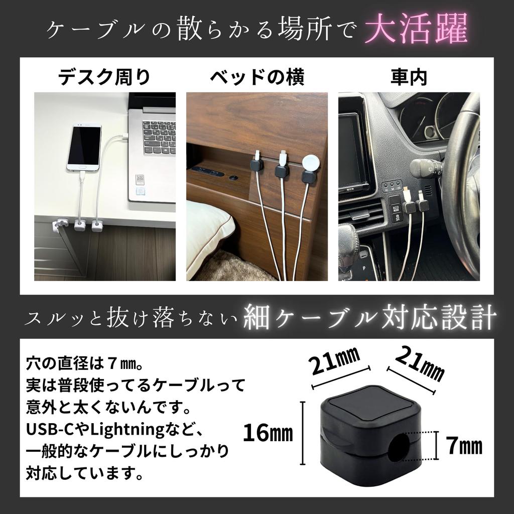 [Set of 4] Magnetic Cable Holders, Desk Cable Clips, Black, Wire Organizer, Strong Adhesive, Cord Clips for USB-C, Desk, Car, and Office Use