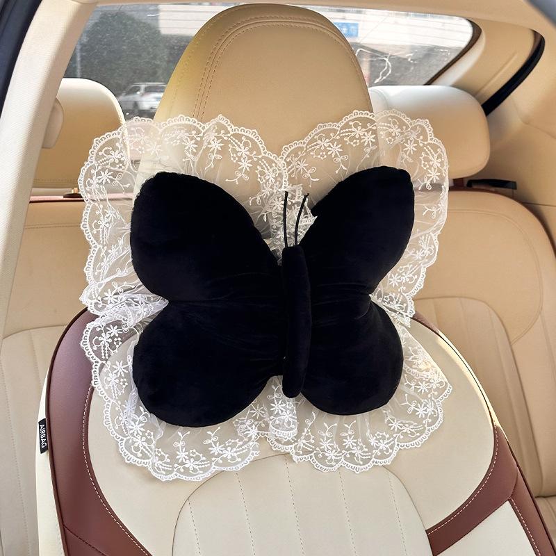 

NEW Car headrest high-end bow lace car interior cushion neck pillow plush car soft and comfortable pillow