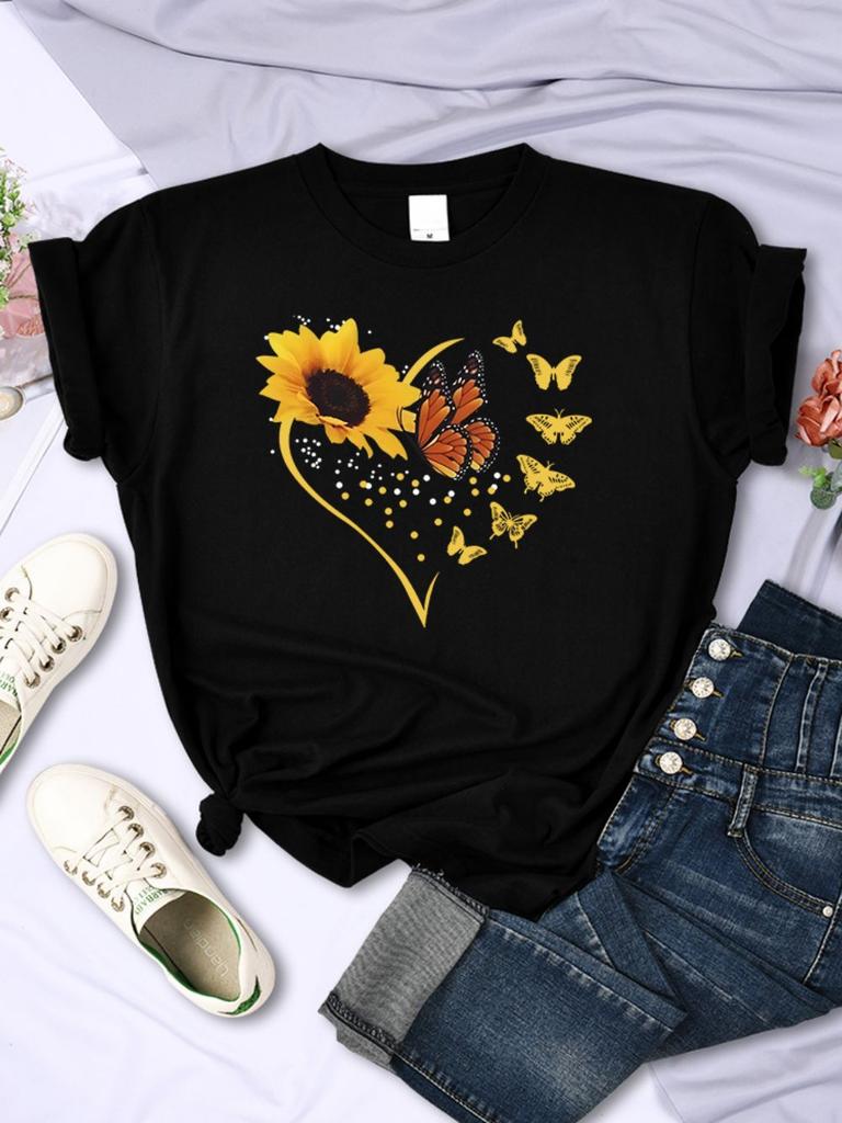 Einfache Damen T-Shirts Sonnenblumen Schmetterlinge Herz-Aufdrucke Kurzarm Bequem Weich O-Ausschnitt Oberteile Sommer Lässig Damenkleidung