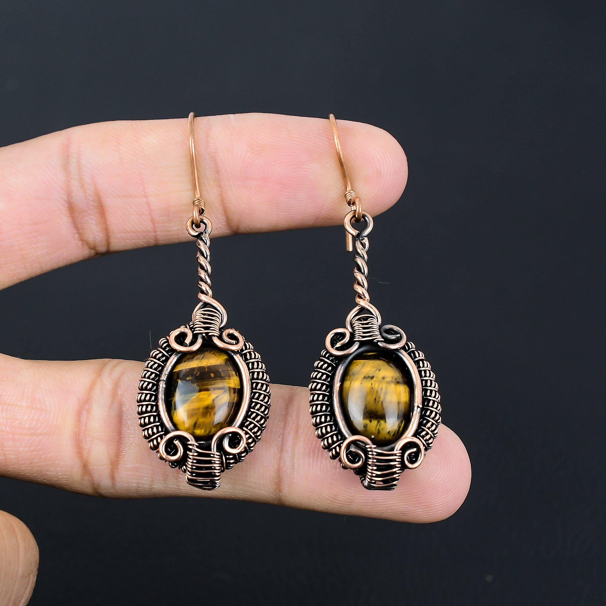 

Красивый тигровый глаз драгоценный камень ручной работы из чистой медной проволоки серьги ювелирные изделия 2.56 Inches жёлтый