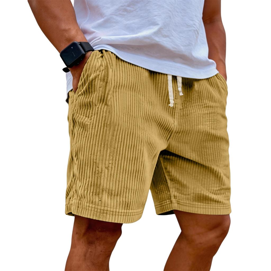 Men's Casual Shorts With Elastic Waist Drawstring And Corduroy Fabric, Stylish Design