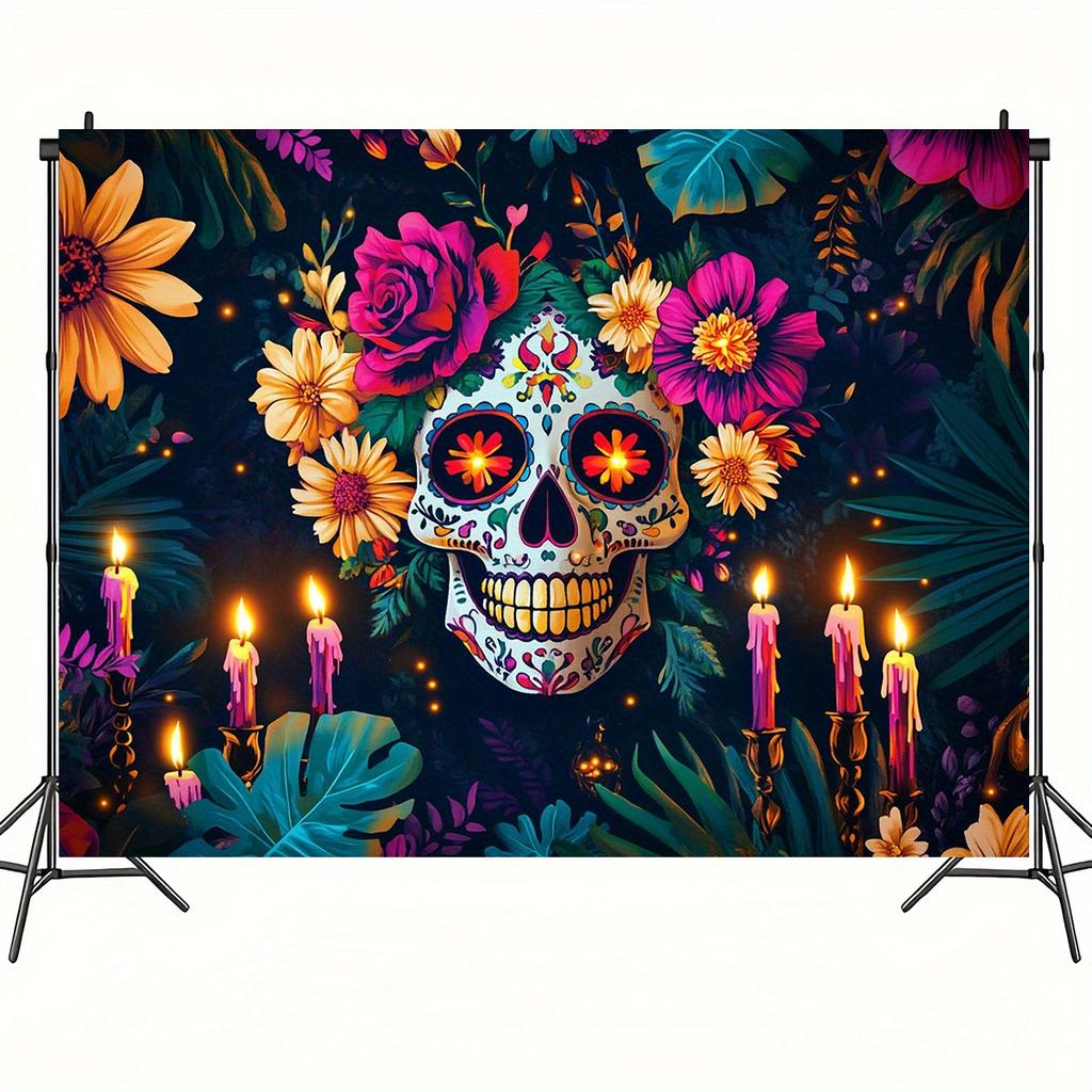 1 piece of sugar skull and floral tapestry background cloth, with candles and skull art