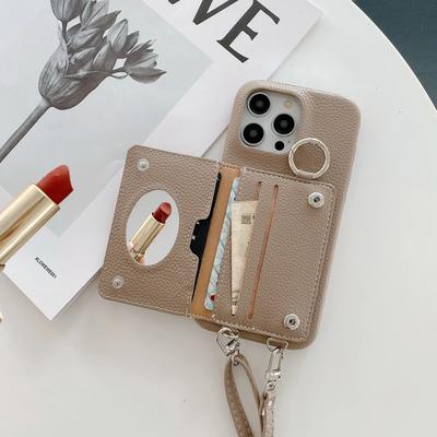 Etui na karty z uchwytem na pierścień, lustrzanym gniazdem na iPhone'a 13 12 Mini 16E 16 15 14 11 Pro XS Max 8 Plus, portfel na ramię, smycz, skórzany pokrowiec