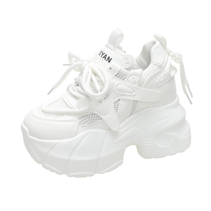 Fashion 9.5CM Women Casual Leather Sneaker Autumn Lace up High Platform Shoes Thick Sole Sport Dad Shoes Woman Sneakers Chaussure Femme