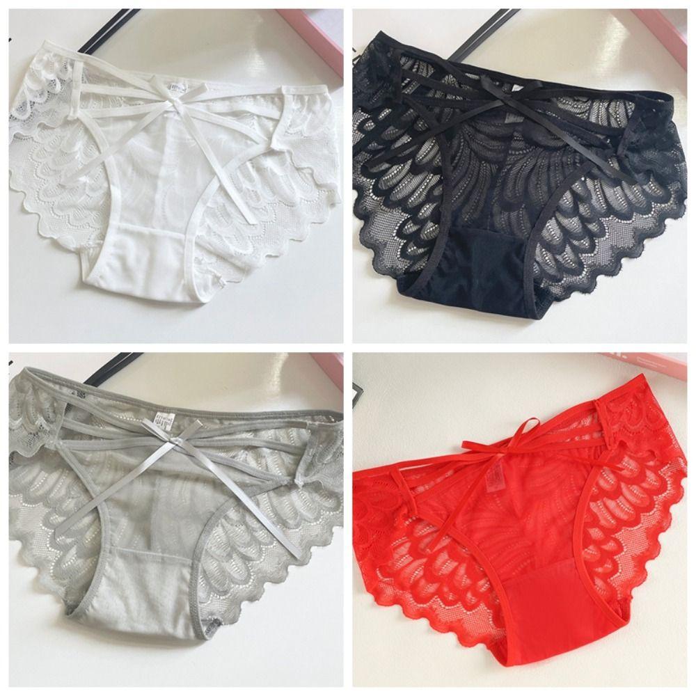 Summer Low Waist Lace Panties Bow Cotton Crotch Mesh Flower Briefs Thin Strap Transparent Lace Thin Underwear Female