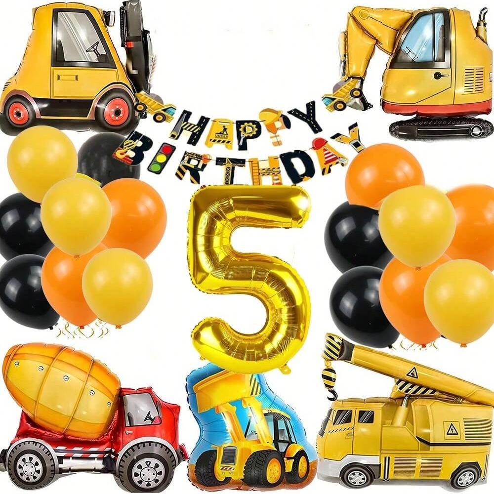 22Pcs Excavator, Tractor Engineering Vehicle Balloon Number 1~9 Balloons  Engineering Vehicle Flag Birthday Banner Decoration