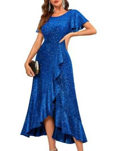European and American women's clothing new high-waisted split ruffle edge dress cocktail party elegant shiny dress