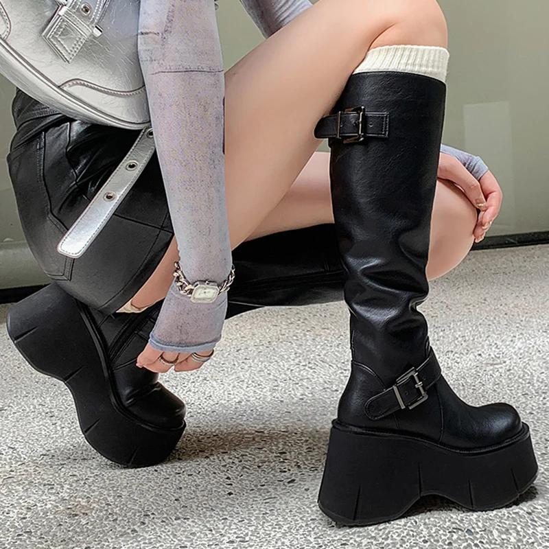 Fashion Women Punk 10CM Platform Buckle Boots Shoes Chunky Motorcycle Simplicity Boot Cool Nightclub Party Zipper Casual Outdoor Shoes