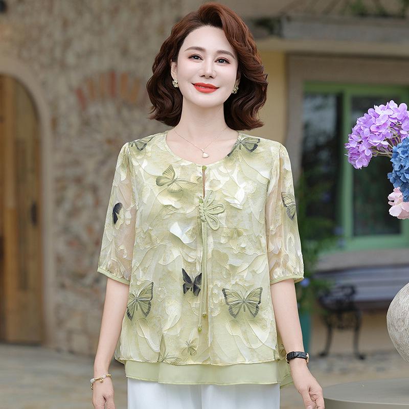 Mom's 2026 Stylish Chiffon Short-Sleeve Chinese Summer Top for Middle-Aged & Elderly Women