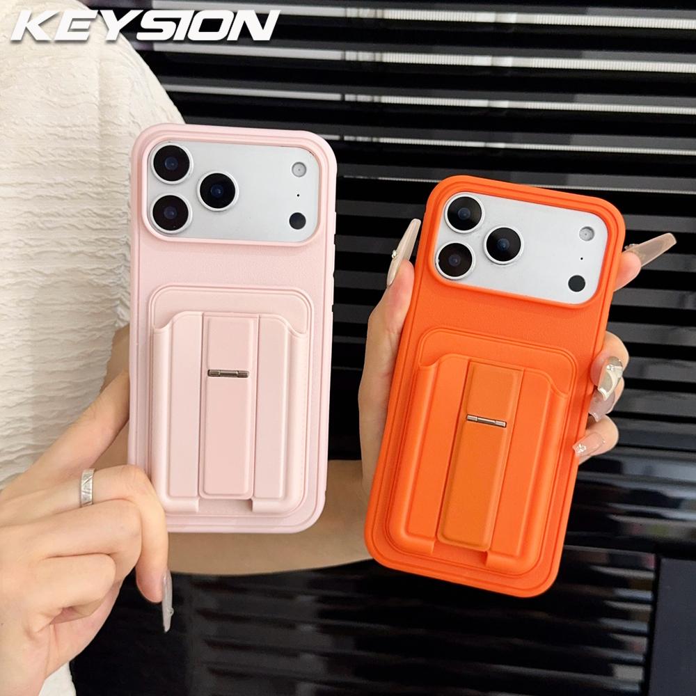 KEYSION Stoßfeste Handyhülle für iPhone 13 14 15 Pro Max 14 15 Plus Silikon+PC Kartensteckplatz Halter Tasche Ständer Rückseite