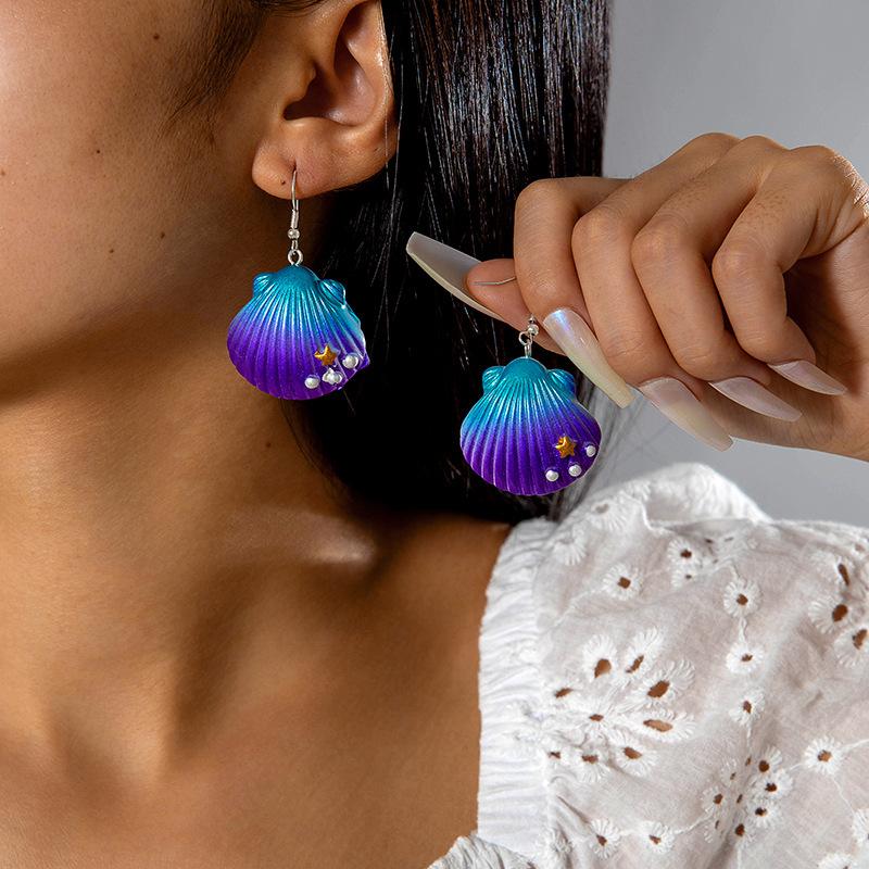 Simple color resin starfish scallop earrings cute color fish, ocean series earrings earrings women