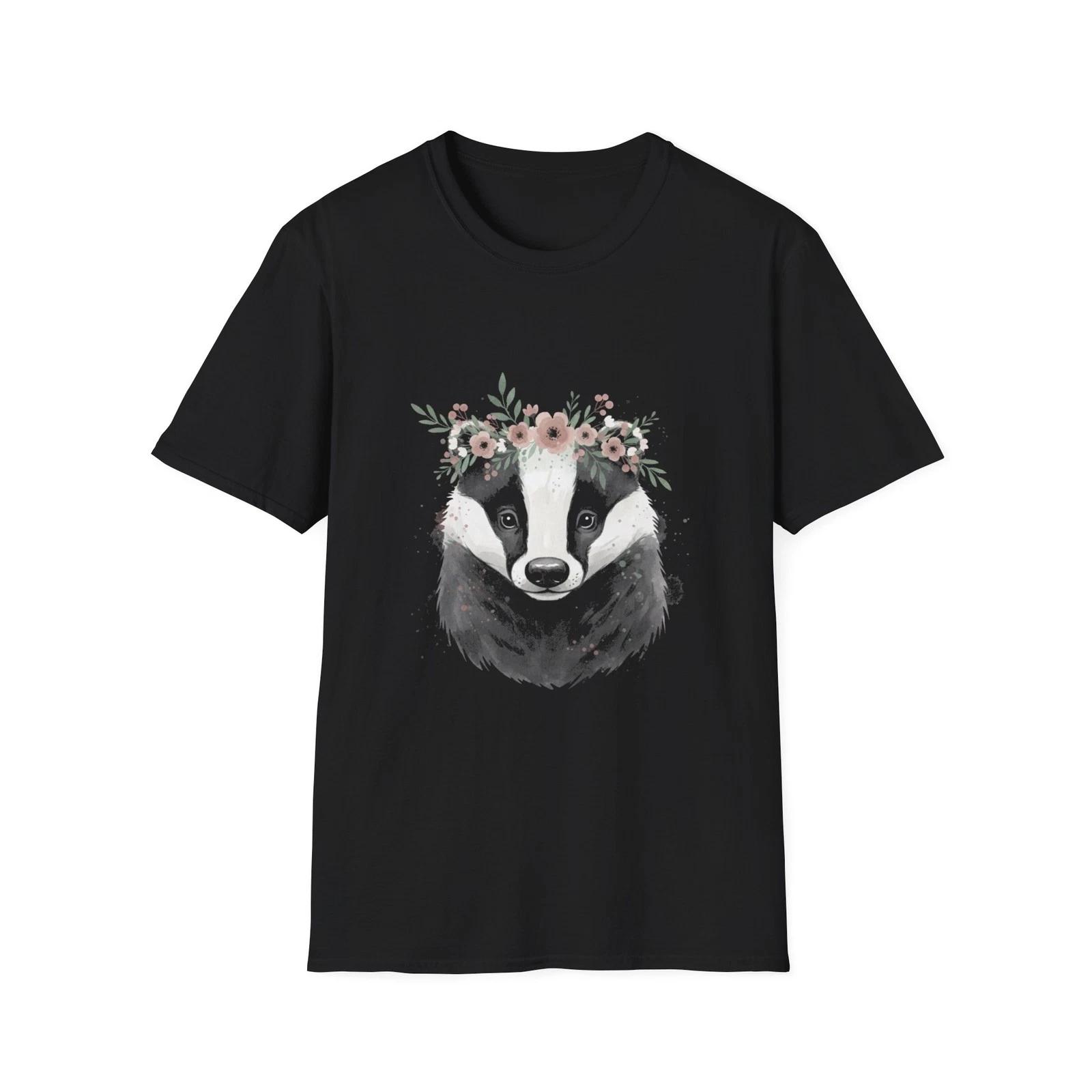 Badger Floral Watercolor Boho Black Tee Nature Aesthetic T-Shirt 4XL