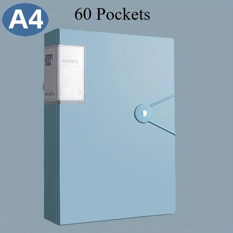 

1pc Durable 60 pocket A4 folder file bag PP material, high transparency and waterproof, for exam papers and A4 sized documents