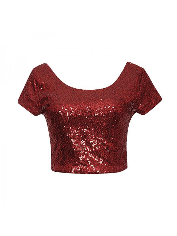 

Сексуальная женская футболка с коротким рукавом и блестками, топ с лямкой на шее M красный