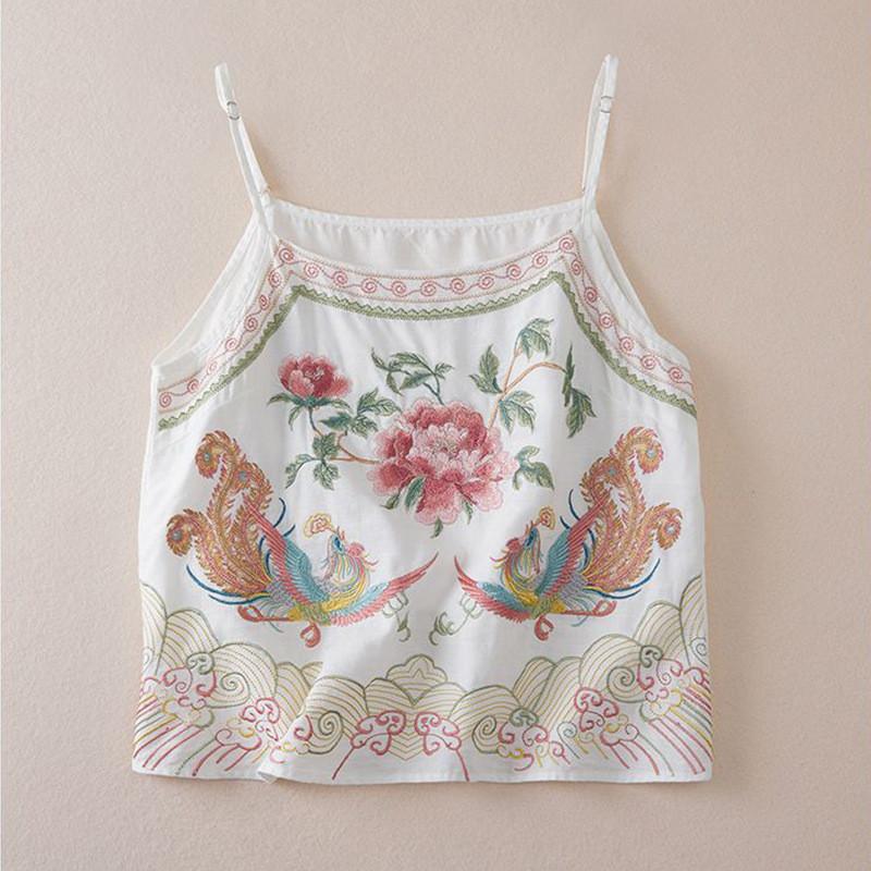 Cotton Linen Embroidered Vintage Sleeveless Tank Top For Women Summer Casual Wear