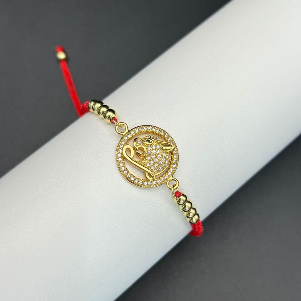 Retro-Leopardenkopf-Armband mit rotem Seil, mikro-eingefasstem Zirkonia und Zugband