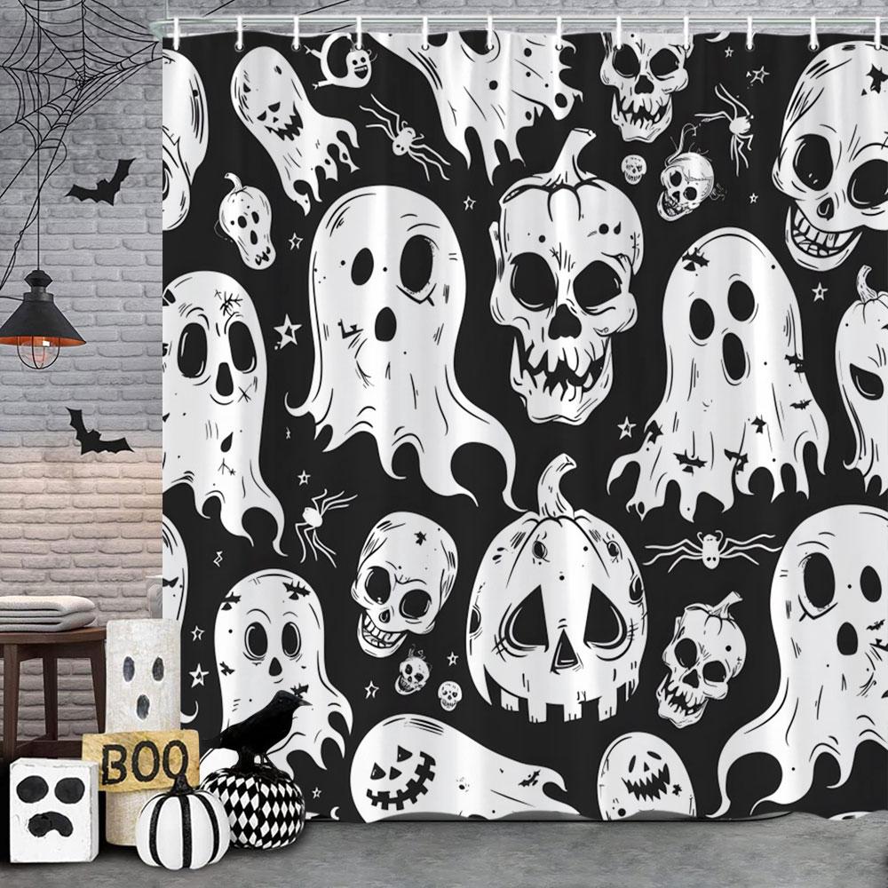 Spooky Horror Halloween Skeleton Crow Shower Curtain Black Bat Black Cat Polyester Fabric Bath Curtain Bathroom Decor With Hoo