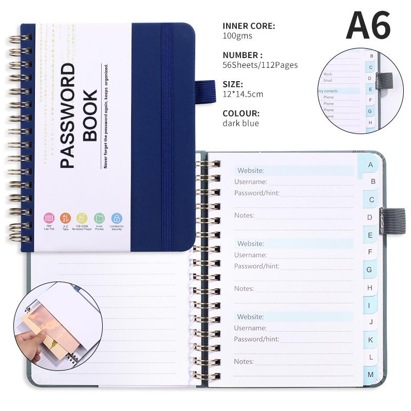 A6 Password Coil Notebook with Custom Letter Tabs & Logo for Business Meetings