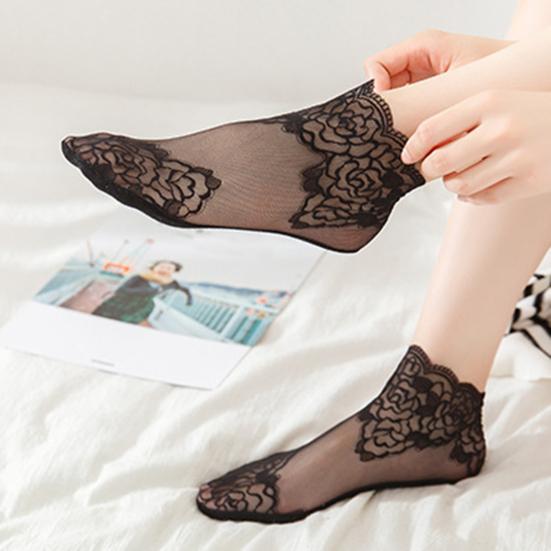 Women Rose Lace Socks Thin Transparent Elastic Mesh Stockings Breathable Anklet