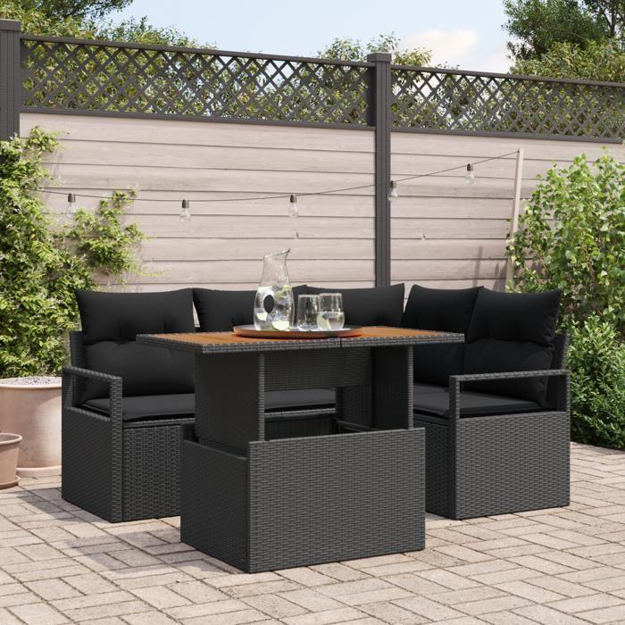 Ensemble de canapé de jardin 5 pièces vidaXL avec coussins Noir Poly Rotin Acacia, Canapé de jardin 2 places vidaXL349708