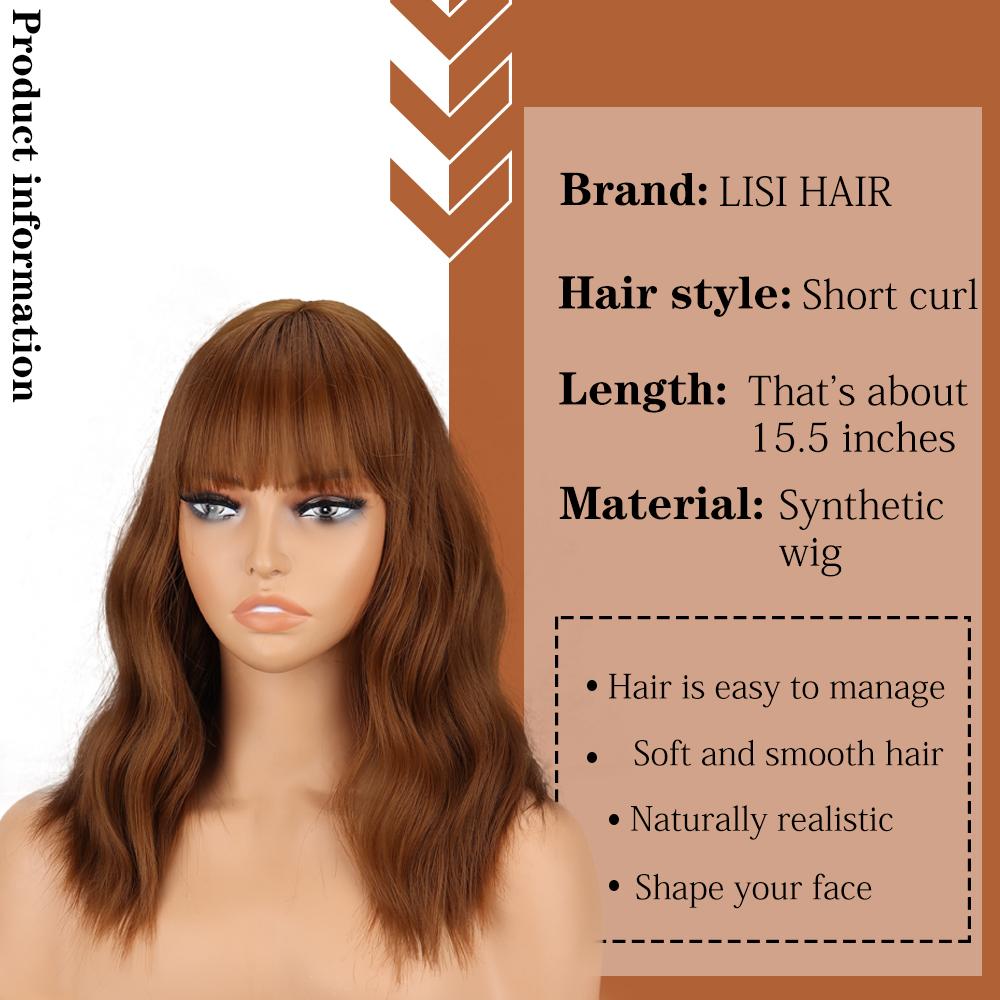 MERISIHAIR Women Fashion Shoulder Length Natural Wavy Wig with Bangs Synthetic Fiber Daily Wear Cosplay Brown Wavy Wig