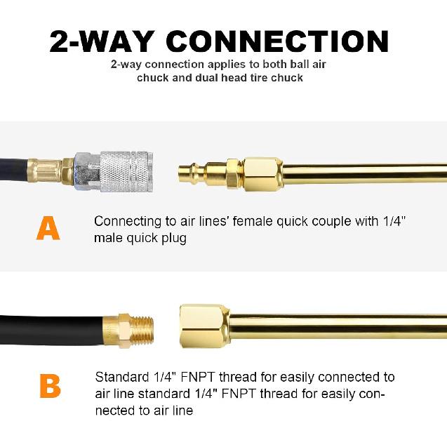 2-Way Connection 13.8" Extended Air Chuck Set, 1/4 in FNPT Straight Foot Dual Head Tire Inflate Chuck with Standard Brass Quick Plug, Tire Air