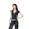 Bow Grey V-Neck Short Sleeve T-Shirt Women's Summer Slim Skinny Spice Girl Lace Splicing Niche Short Top