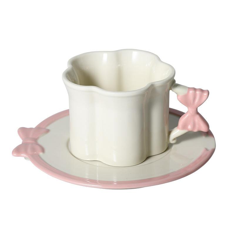 280ml European Ceramic Bow Coffee Cup and Saucer Exquisite Afternoon Tea Flower Tea Cup Coffee Mug Pink Breakfast Milk Mug Gifts