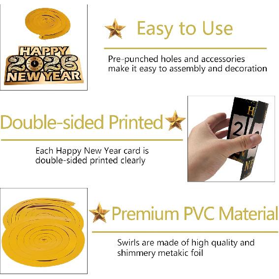 Lucleag 6Pcs New Year Hanging Swirls Decorations & Happy New Year 2026 Banner, Black Gold Hanging Decorations Banner for Ceiling Wall 2026 New Years