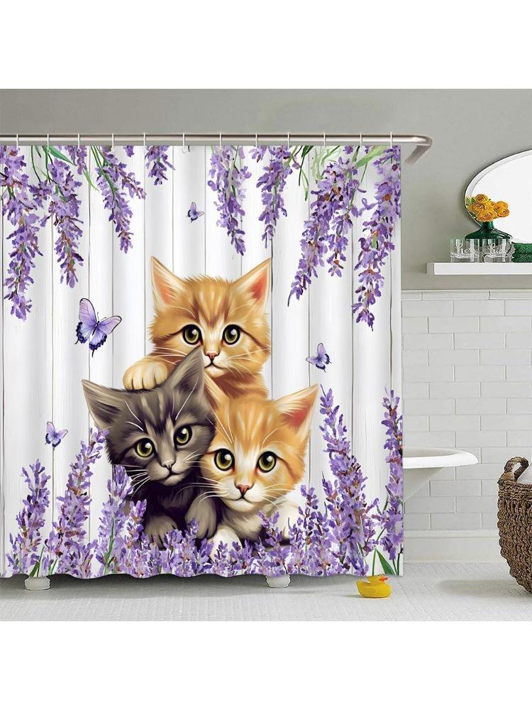 

Rustic Cat Lavender Shower Curtain Purple Floral Vintage Cute Kitty Pet Spring Farmhouse Animal Butterfly Flowers Kitten Lover W60H190(CM)-1 Pcs