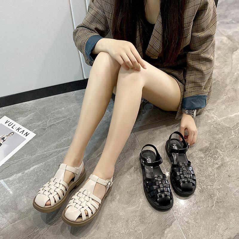 Mode Damen Sandalen Baotou Einzeilige Schnalle Niedrigen Absätzen Sandalen Damen 2024 Sommer Geflochtene Römische Damenschuhe Flache Damen Sandalen