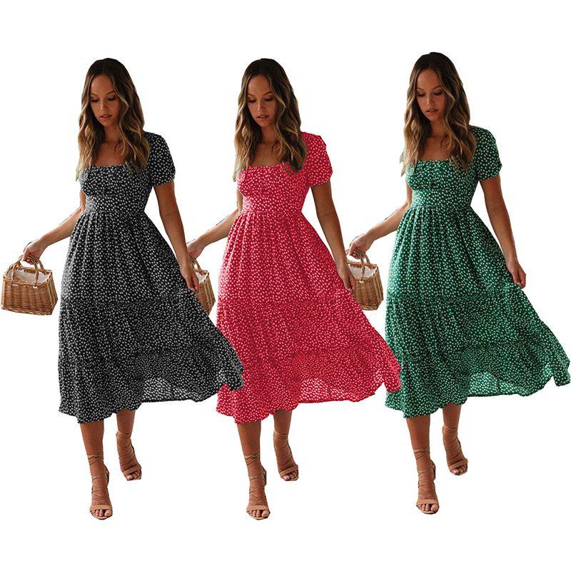 Elegant Women Polka Dot Boho Ruffle Maxi Beach Dress With Square Neckline