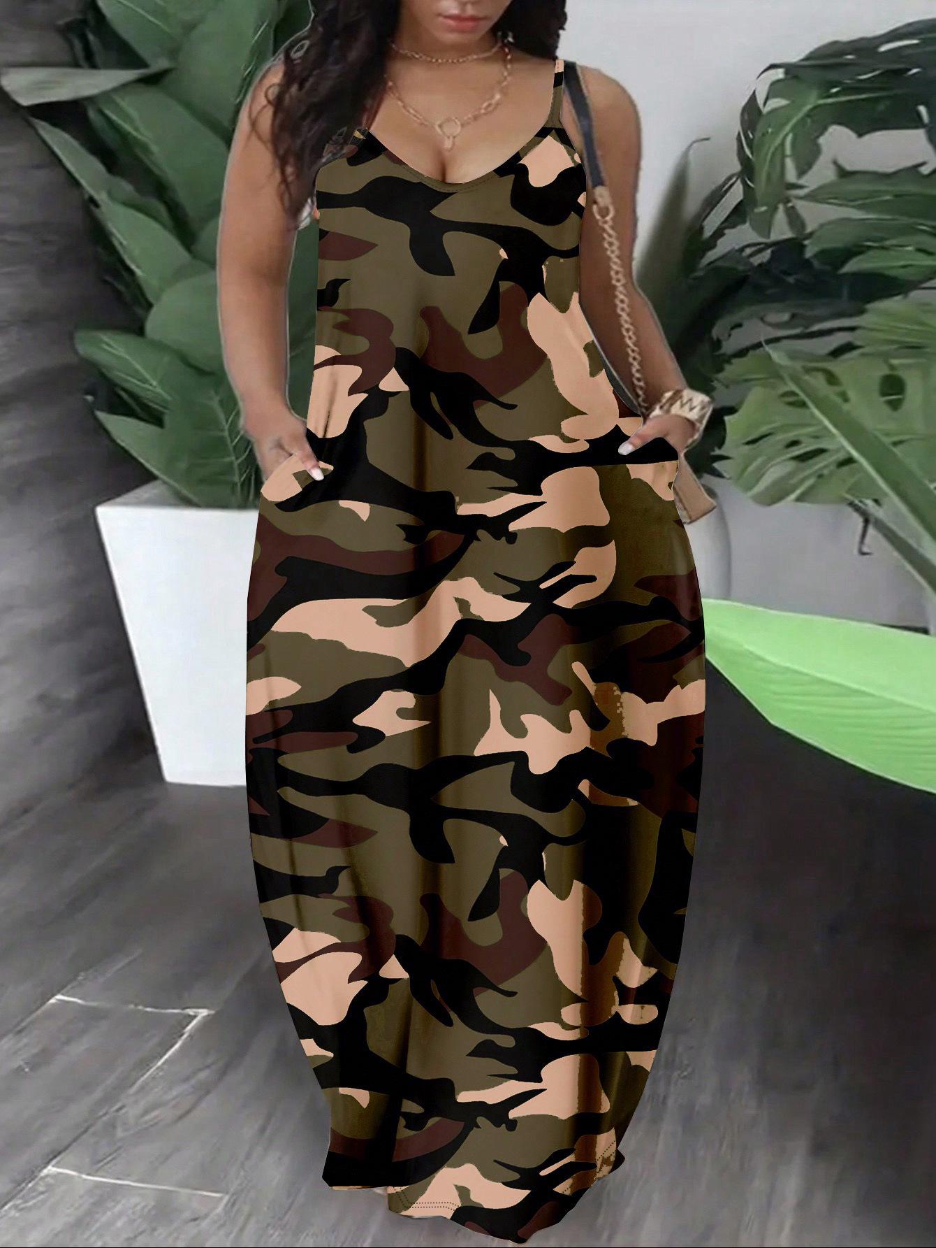 

Summer Cool Spaghetti Strap Long Dress - Abstract Camouflage Print, Stylish Streetwear 1XL коричневий
