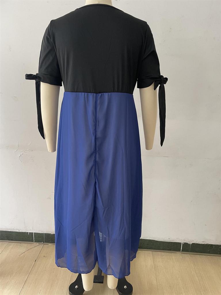 2025 Spring/Summer Women's Plus Size V-Neck Patchwork Short Sleeve Two-Piece Irregular Dress