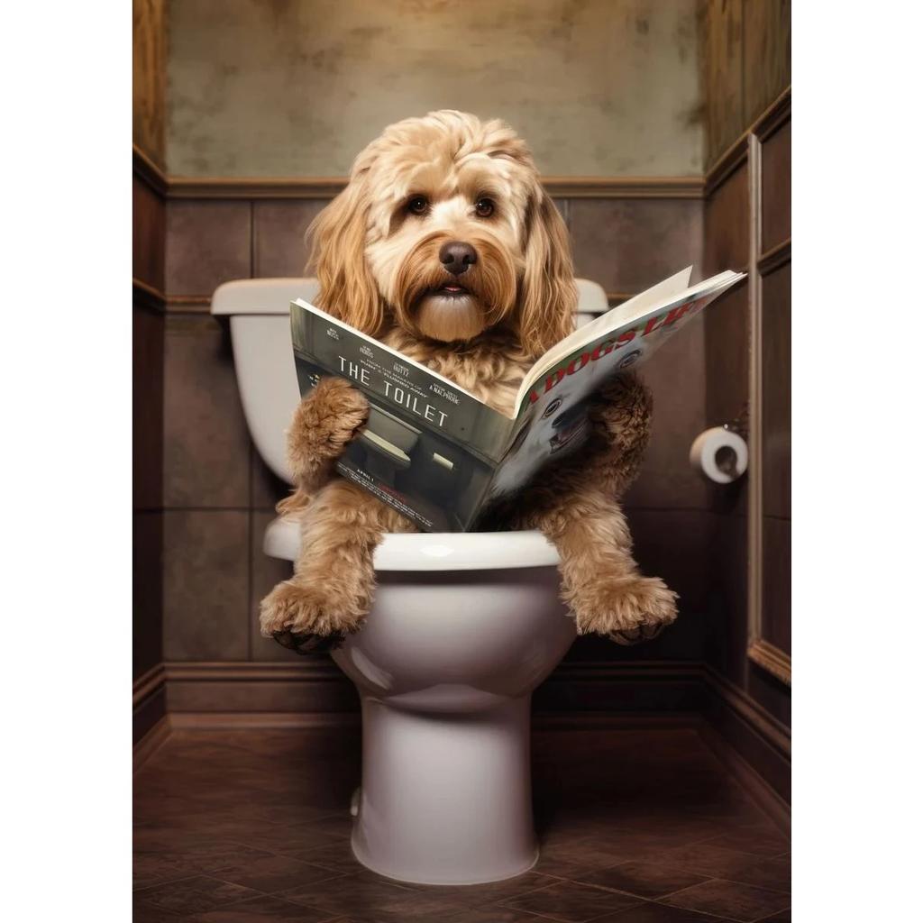 Dog Monkey Highland Cow Sitting on The Toilet Reading Newspaper Poster Animal Print Canvas Painting Funny Bathroom Wall Decor