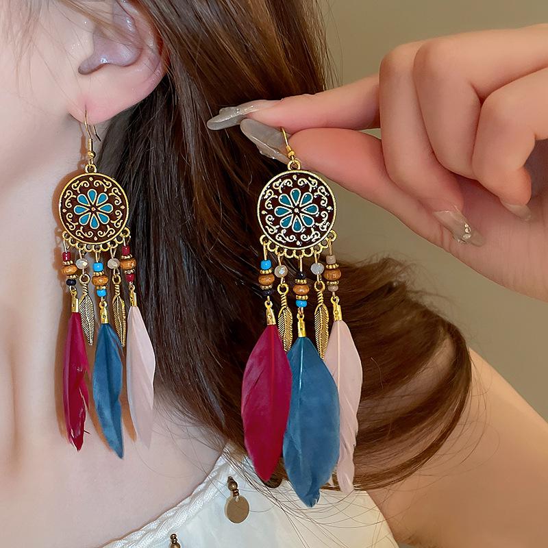 Bohemian Feather Tassel Earrings - Vintage Ethnic Style, High-End Niche Design for Women