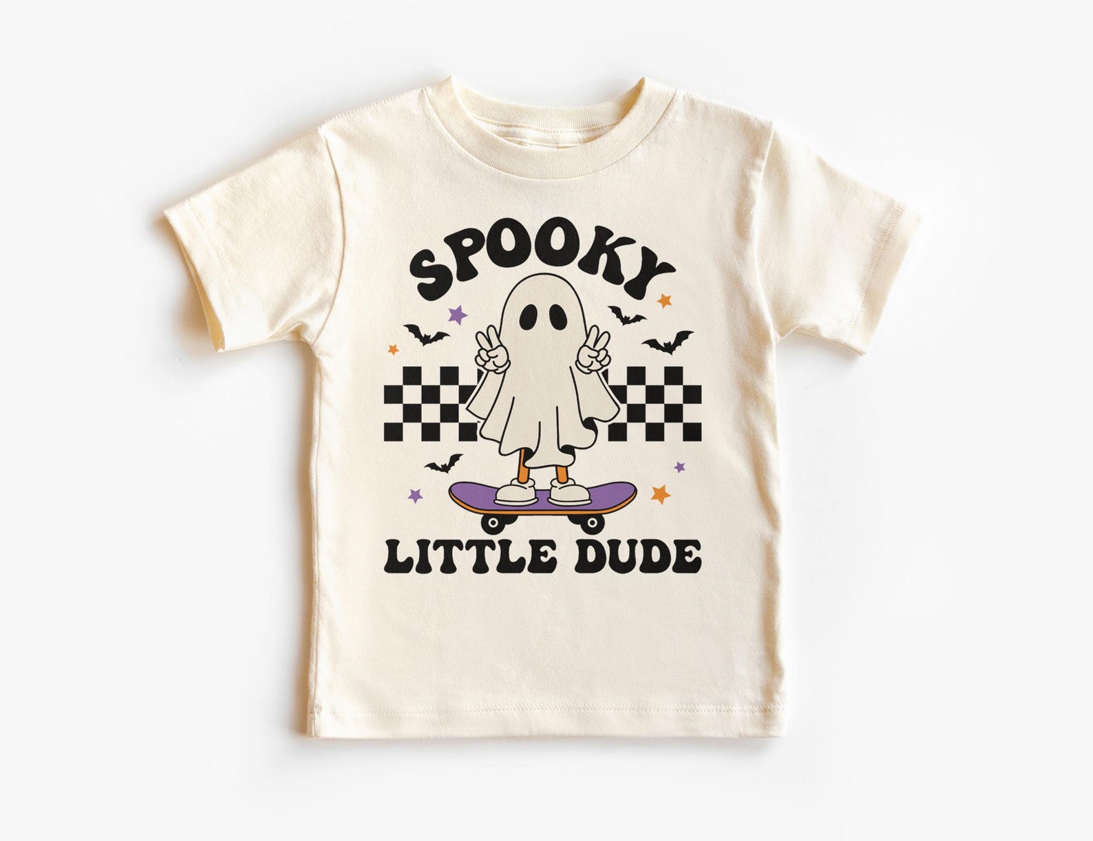 Spooky Little Dude Boys Shirt - Retro Skateboarding Ghost Halloween Outfit - Unisex, Youth & Kids Natural T-Shirt 160